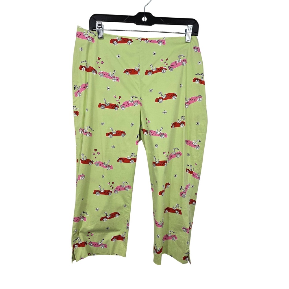 Vintage 90s Y2K Capri Cigarette Pants‎ Womens 12 Green Crop Car Print Cotton